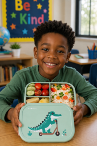 A Black child showing an Asomic dinosaur-themed lunchbox.