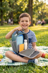 A smiling boy showing an open green CaCTOUS lunchbox.