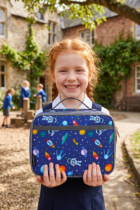 A smiling red-haired girl holding a space-themed FlowFly lunchbox.