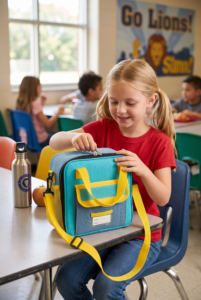 A blonde girl holding a blue and yellow REDSHELL lunchbox.