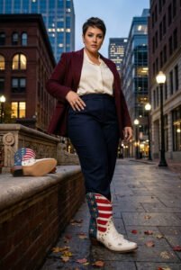 A plus-size woman wearing a dark red blazer, navy blue pants, and an American flag cowboy boot