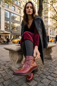 An elegant woman wearing a formal outfit with dark red boots