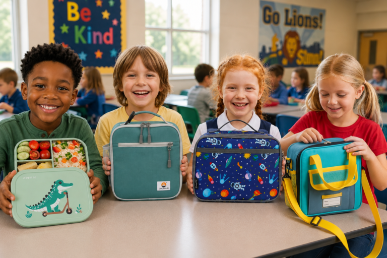 Four kids showing their lunch boxes.