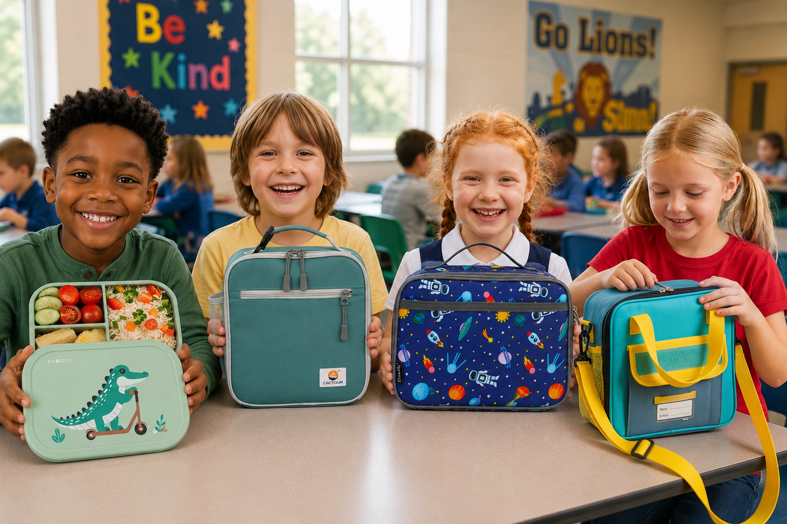 Four kids showing their lunch boxes.