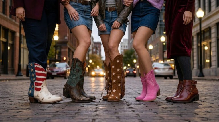 Five different women's western boots with a downtown city backdrop