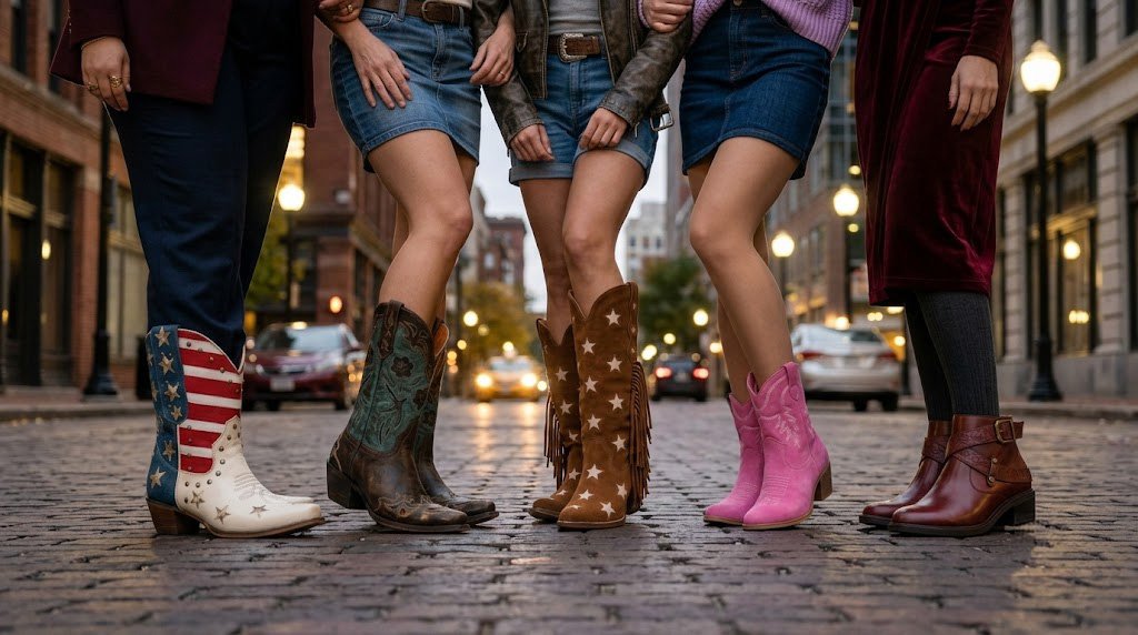 Five different women's western boots with a downtown city backdrop
